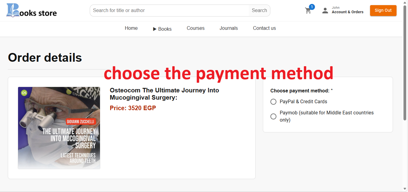 Screenshot of payment method selection, highlighting Paymob and PayPal/Credit Card options